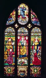 Janela retratando a Virgem e o Menino cercado por Santo Adrián, São Romano e os doadores, 1510 (vitral)